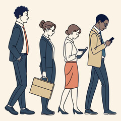 Diverse Business Professionals Walking in a Row Focused on Their Devices and Work Tasks