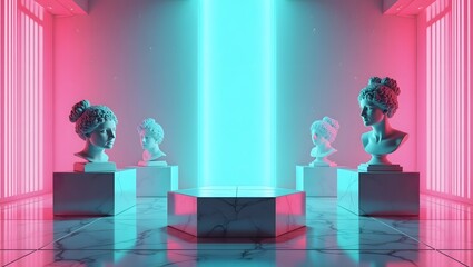 Neon lit marble room with classical busts