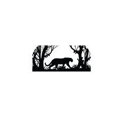 A silhouette of a jaguar stalking prey in a forest on white background