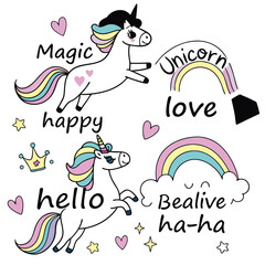 Cute Unicorns with Rainbows Hearts Stars and Words Magic Love Happy Hello Believe and Ha Ha