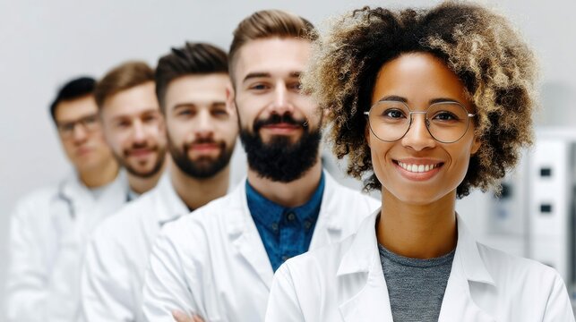 A diverse group of scientists, wearing lab coats, stand in a row, with a smiling woman in the foreground.