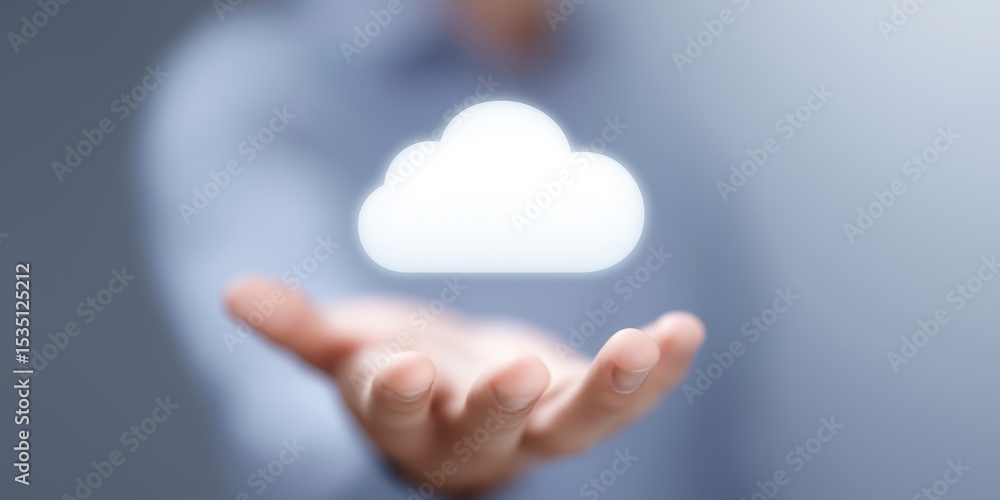 Poster hand of a person presenting a glowing cloud symbol, representing cloud computing technology, with a 