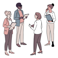 Diverse group of business professionals discussing work with folders and a phone call isolated on white