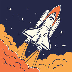 Retro Style Space Shuttle Launching Into Space With Stars and Clouds Illustration © AbuBokor