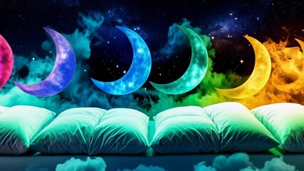 Whimsical dreamy scene features crescent moons in rainbow colors above plush pillows against a dark, starry sky background. - Powered by Adobe