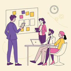 Team Brainstorming Session with Presentation of Ideas and Project Planning in Modern Office Setting