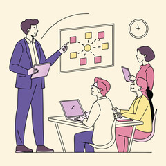 Business Meeting with Team Members Discussing Strategy and Planning in the Office Environment Illustration
