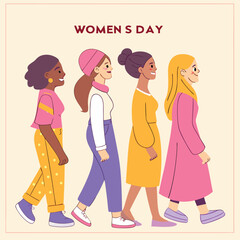 Diverse Group of Women Walking Together for Women s Day Celebration and Empowerment Illustration