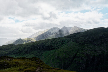 Overcast day reveals the rugged landscape of Head of Gap of Dunloe in County Kerry, Ireland.