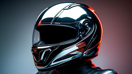 Futuristic cyber woman wearing a high-tech helmet with robotic and biker elements
