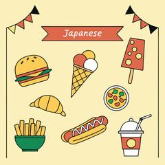 Cute Japanese Style Fast Food Illustration with Burger Fries Ice Cream and More