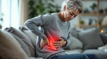 Senior caucasian woman experiencing liver pain, sitting on couch in home living room, hands on right abdomen, red glow indicating discomfort, medical health issue