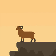 Brown ram stands majestically on cliff against sunset sky.