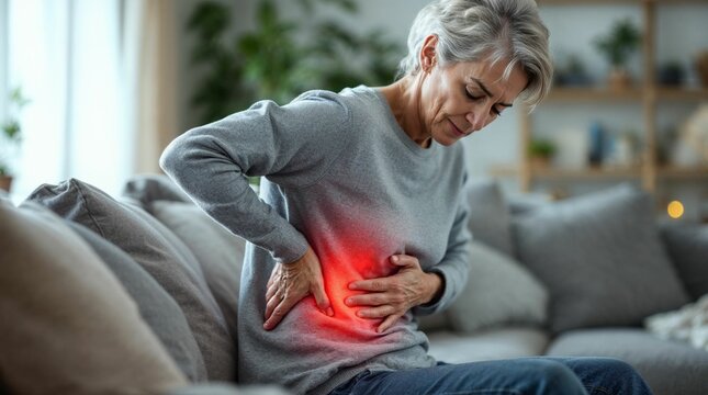 Senior caucasian woman experiencing liver pain, sitting on couch in home living room, hands on right abdomen, red glow indicating discomfort, medical health issue