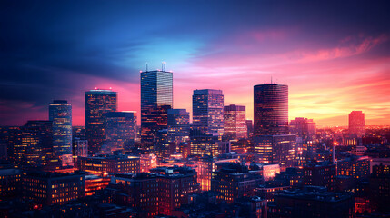 Fototapeta premium Cityscape at Twilight Glowing Urban Panorama at Sunset
