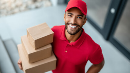 Delivery guy stacks parcels on doorstep with a friendly smile. Neutral background highlights his friendly demeanor. Concept of logistics, shipping, e-commerce