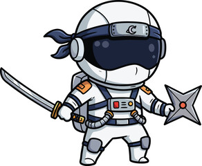 Adorable astronaut ninja cartoon character with katana and shuriken