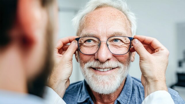 A close-up of an elderly man getting his new glasses fitted by an optician. He is smiling, looking happy.