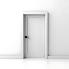 Naklejka premium White door in minimalist room interior. Simple white door with black handle in modern apartment. Clean white door design for home improvement projects, architectural visualization