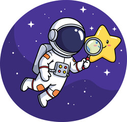 Fototapeta premium Cute astronaut exploring a star with a magnifying glass in space