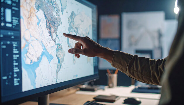 Focus and Discovery: A person intently examines and gestures towards an informative world map on a high-tech display, signifying analysis, strategy, and global awareness.