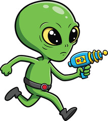 Obraz premium Cartoon green alien running with retro ray gun