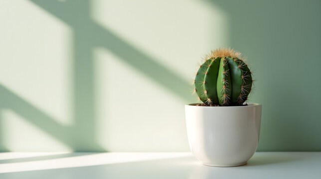 A solitary cactus in a white ceramic pot clean natural light casting soft shadows nurturing vibe greens and whites centered composition reflects modern agricultural minimalism.