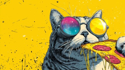 Alien cat in UFO goggles eating a cosmic pizza slice, sci-fi fun, yellow background
