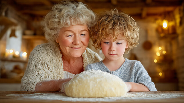 Grandma kneads dough with child in warm kitchen illuminated by soft light. Joyful moment filled with laughter and learning, creating delightful memories. Concept of family, baking, culinary arts