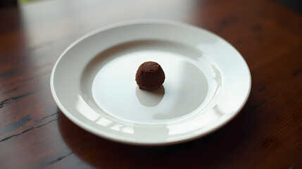 An empty white plate with a single chocolate truffle in the center soft overhead light indulgent mood deep browns and whites centered layout contemporary photography.