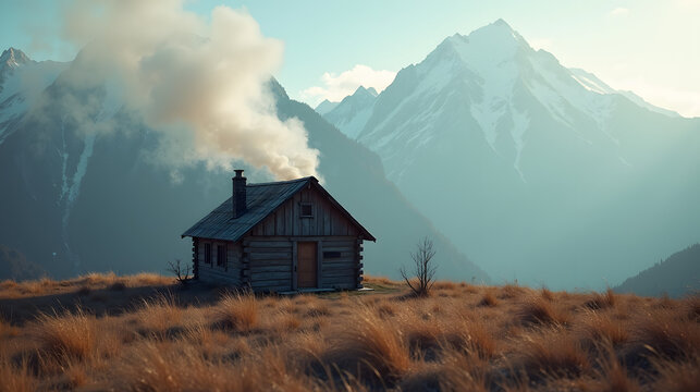 An isolated mountain cabin with smoke curling from the chimney against a clear mountain range soft atmospheric light warm rustic feel earthy browns and cool blues wide angle.