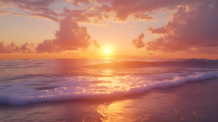 Orange Sunrise Over Sea With Soft Waves and Clouds