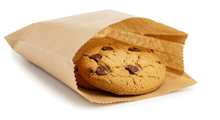 Delicious freshly baked chocolate chip cookies in a rustic brown paper bag isolated