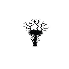 Silhouette of a giant bird's nest on a mythical treeon white background