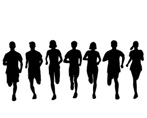 Silhouette of crowd of young people running, morning jogging, isolated icon on white background.
