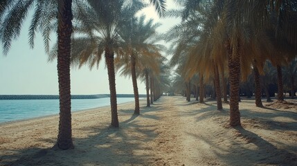 Obraz premium Palm trees line a beach path.