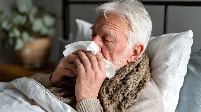 Elderly Man with Cold Symptoms: Flu, Illness, and Healthcare 3d, white background
