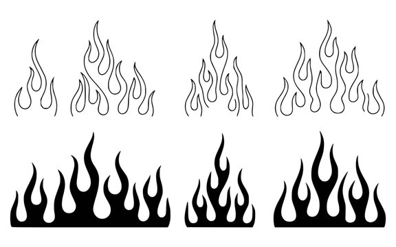Fire flames set vector illustration black and white designs