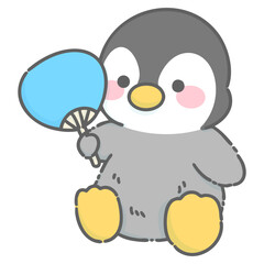 うちわを持ったペンギンのイラスト