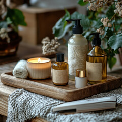 bottles and a candle on a wooden tray.