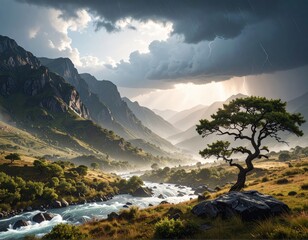 Rain and storm winds blowing trees, thunderstorm
