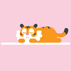 Cartoon tiger resting, sleeping, relaxing, pink background.