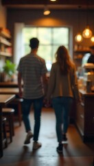 Generative AI Blurred Couple Leaving Cozy Cafe Ambiance