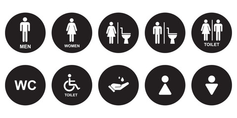  male and female toilet symbols. disabled icon. gender icon. restroom pictogram. Elevator and stairs public signage. WC signage on white  Background. eps 10 