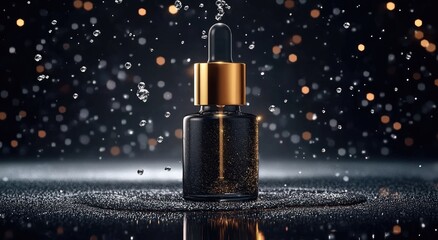 High-quality photograph of serum dropper bottle with golden accents on black glass surface, silver droplets, starry sky backdrop, and falling essence drop in soft light for beauty advertising.