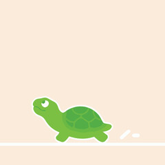 Cartoon Green Turtle Moving Forward on Light Peach Background