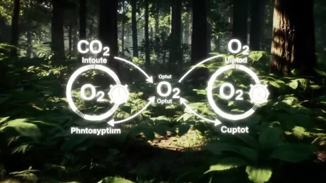 A forest scene with co2 and o2 symbols overlaid on the foliage and tree trunks in a sunny environment