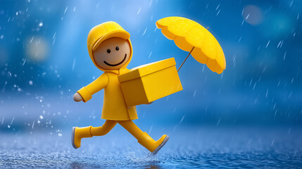 Courier runs in light drizzle wearing yellow raincoat and holding yellow umbrella with parcel in hand. Bright colors and cheerful atmosphere enhance delivery services concept, logistics, packaging