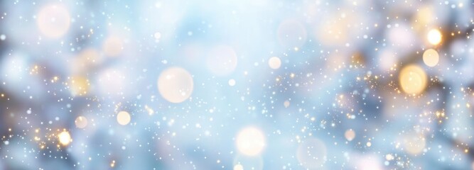 Abstract blurred winter nature background with snow and bokeh lights in light blue, white, and gold colors for design, banner, or greeting card template, featuring Christmas concept in wide panorama.