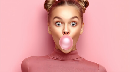 Young woman blowing bubble gum with funny face on vibrant pink background. Portrait captures joyful expression and playful attitude. Concept of social media, fashion, youth culture